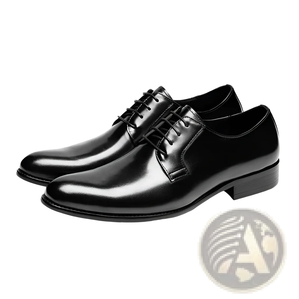 Men’s hand rubbed black leather oxford dress shoes with polished finish and classic lace-up design