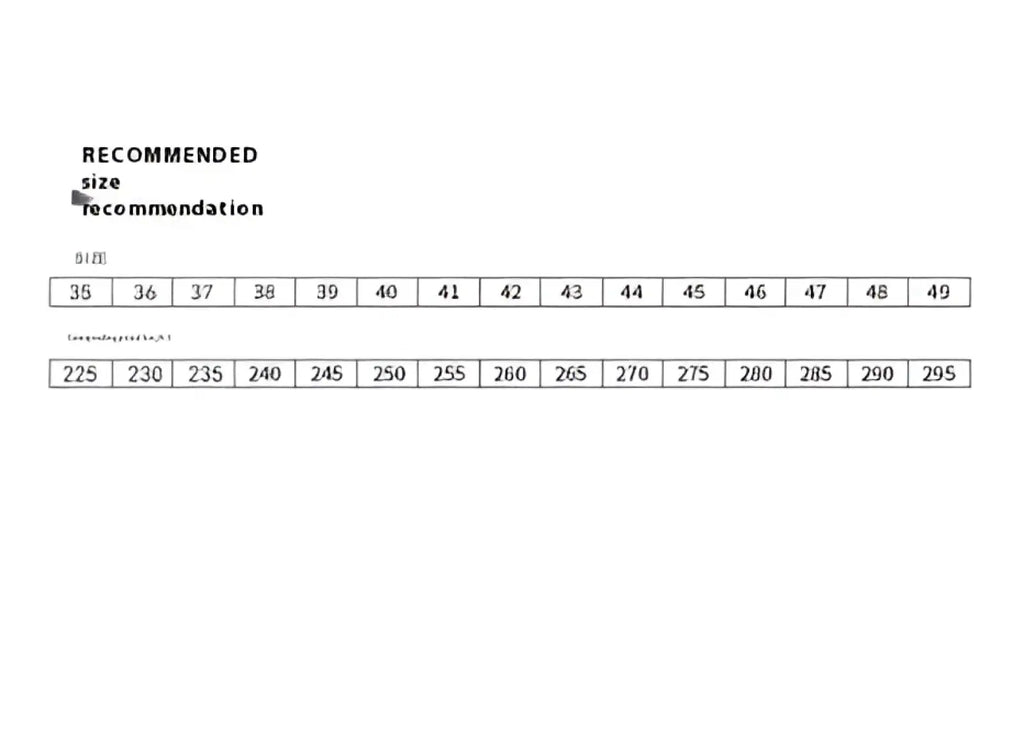 Men’s hand rubbed leather oxford dress shoes size recommendation chart with two rows of numerical measurements
