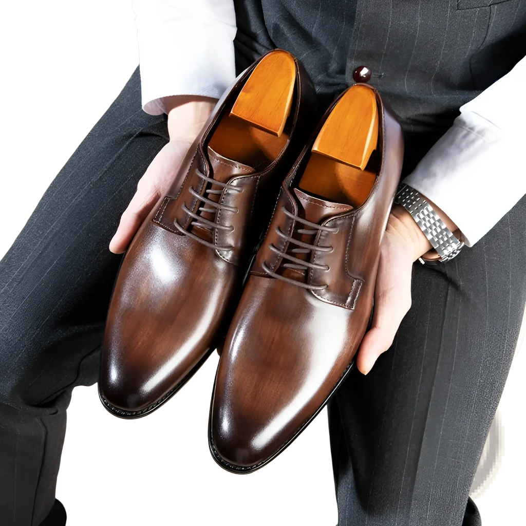Men’s hand rubbed brown leather oxford dress shoes with polished finish and classic wooden insoles