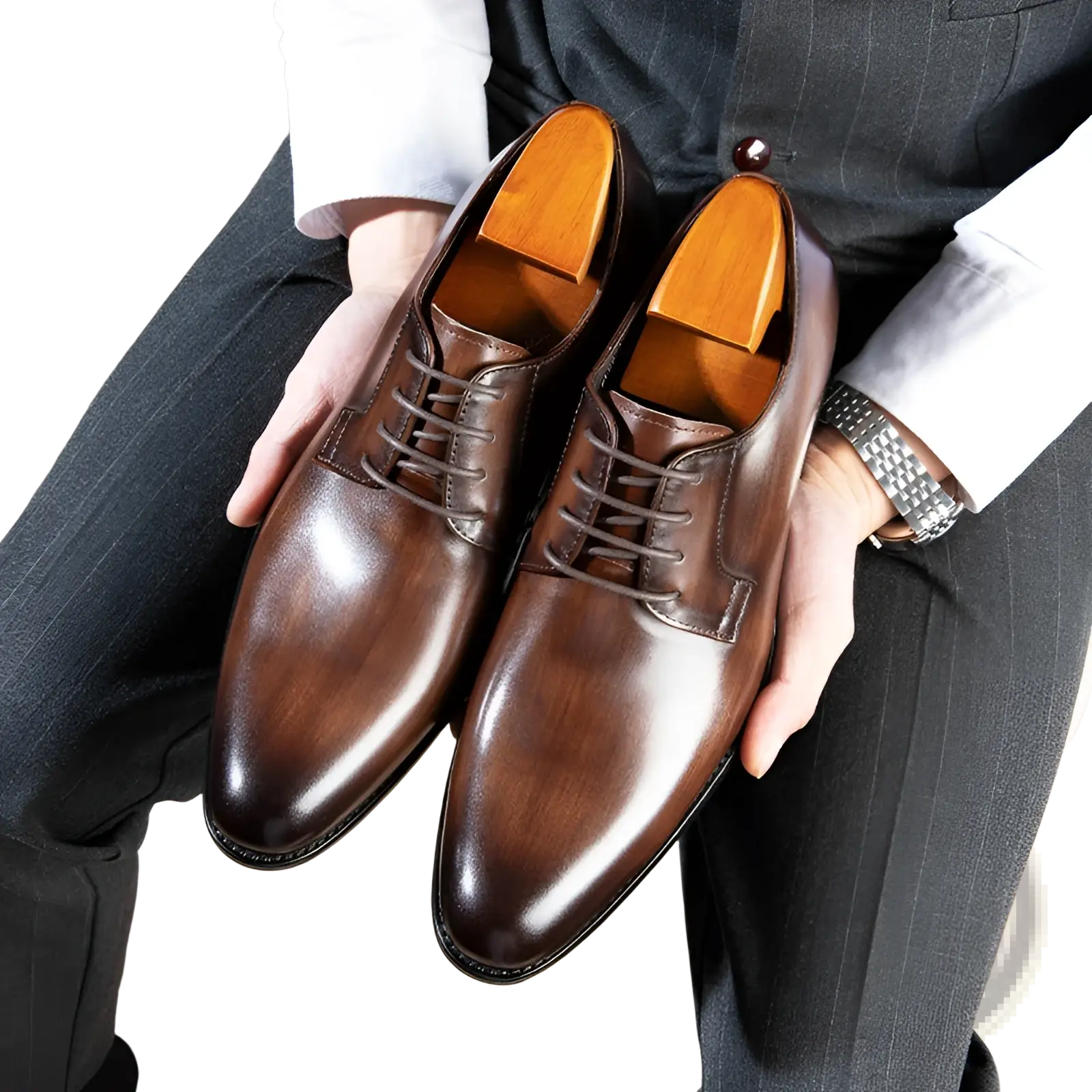 Men’s hand rubbed brown leather oxford dress shoes with polished finish and classic wooden insoles