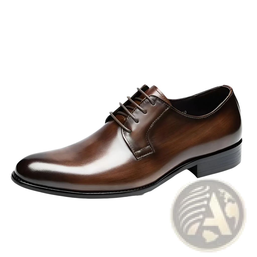 Men’s hand rubbed leather oxford dress shoe in polished brown with a classic design and black rubber sole