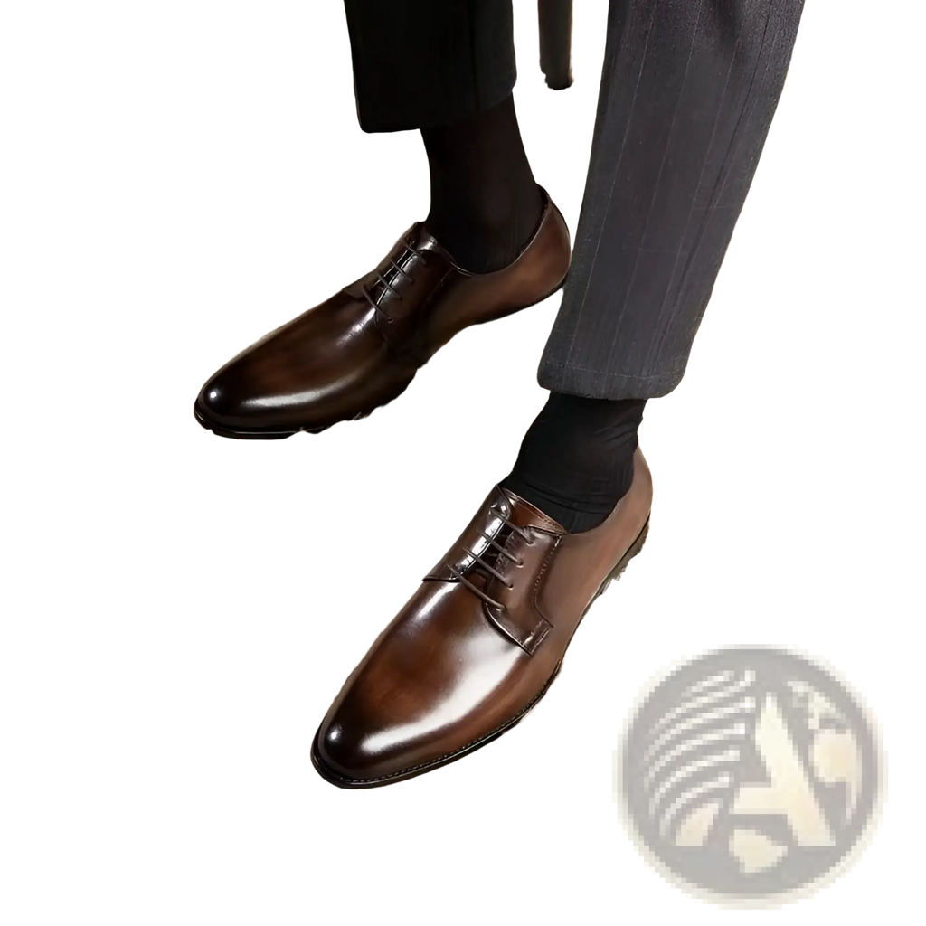 Men’s hand rubbed polished brown leather oxford dress shoes with classic design and black laces