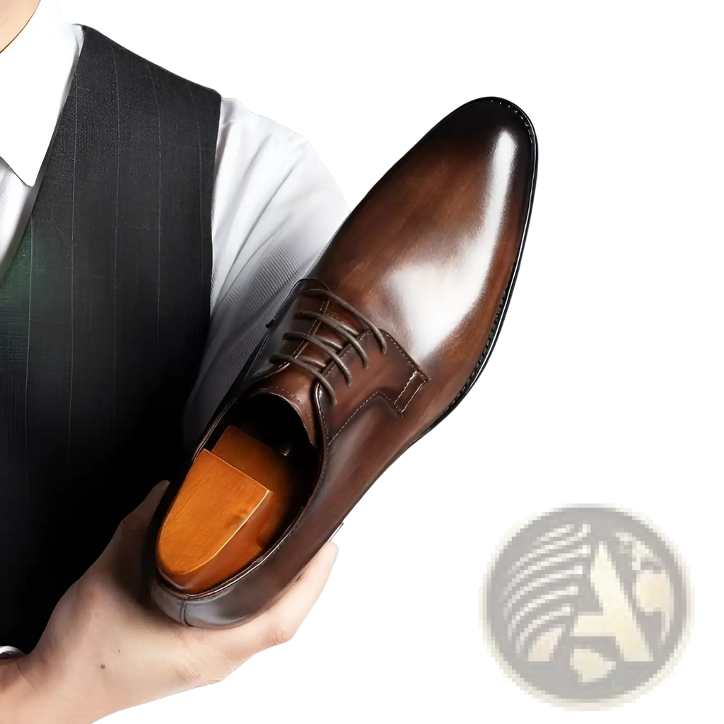Polished brown leather oxford dress shoe with pointed toe and matching laces for men