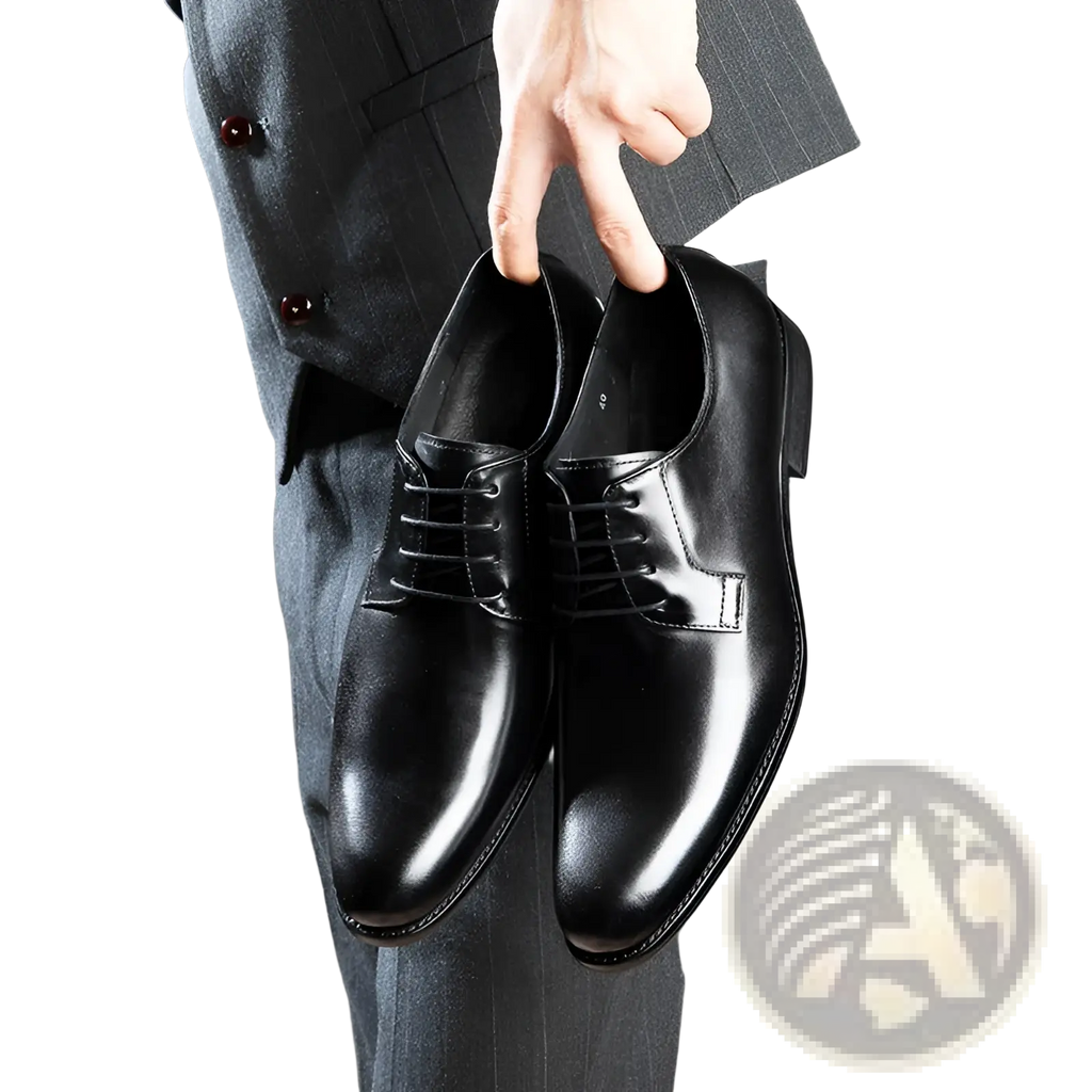 Men’s hand rubbed leather oxford dress shoes in black with a polished finish and classic lace-up design