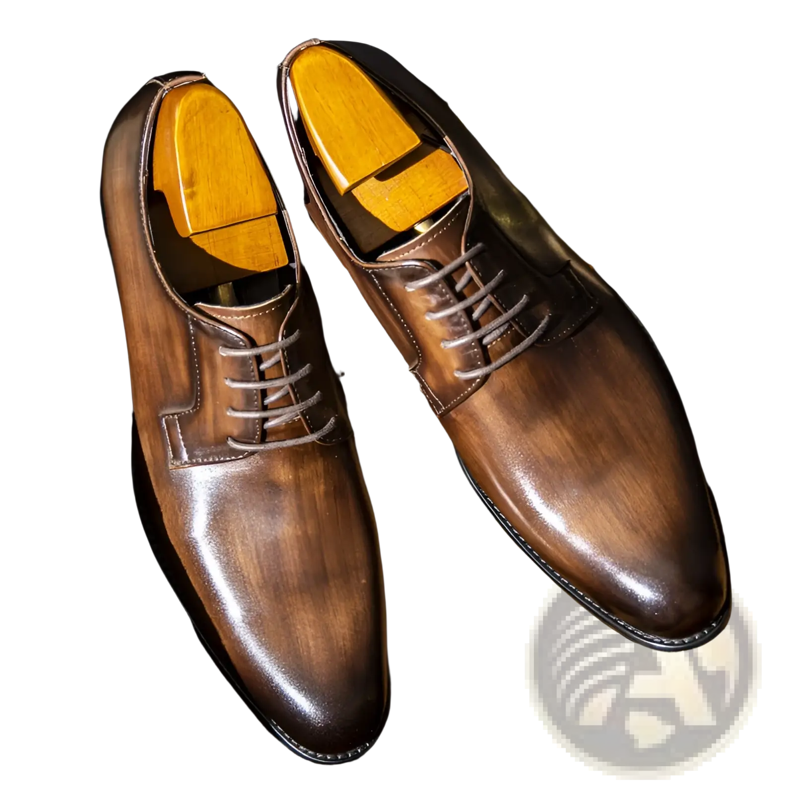 Men’s hand rubbed brown leather oxford dress shoes with polished finish and classic wooden insoles