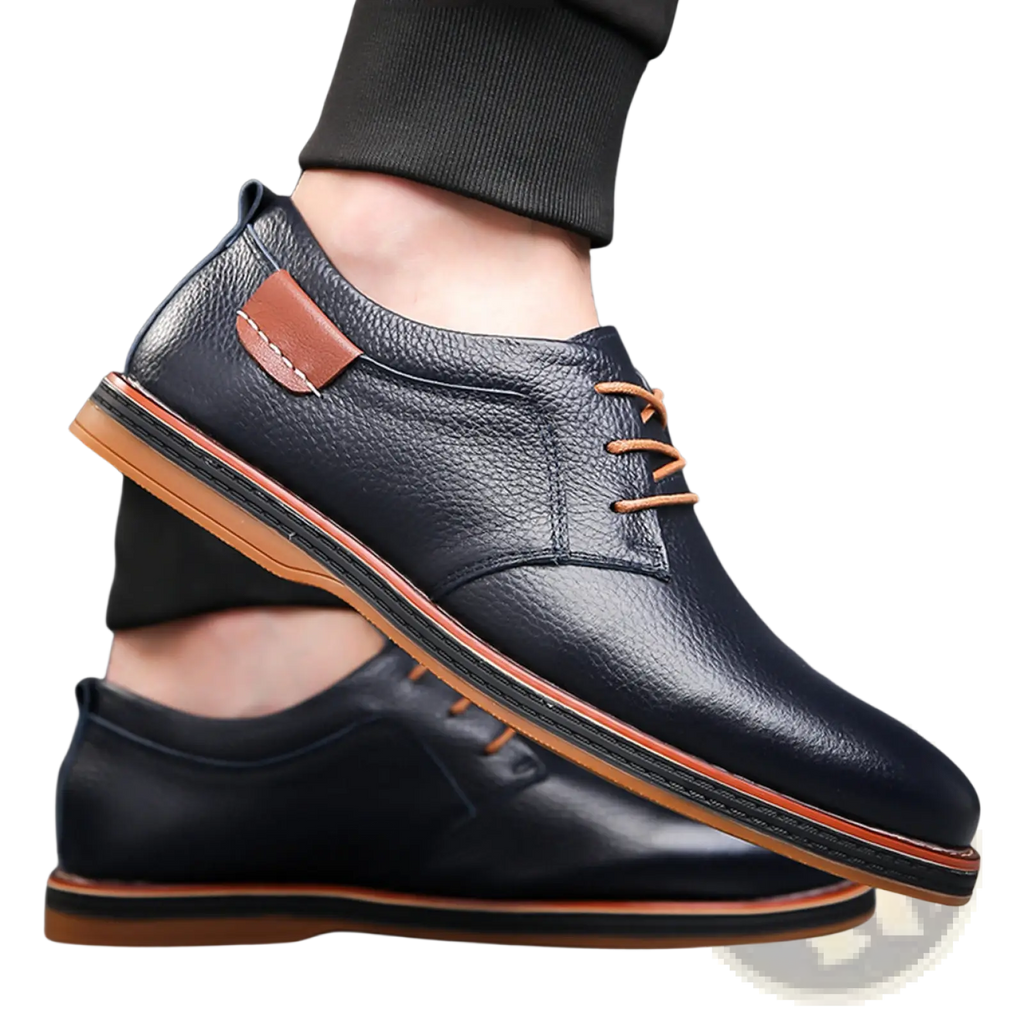Men’s handmade genuine black leather oxford shoes with tan laces and contrasting brown rubber sole