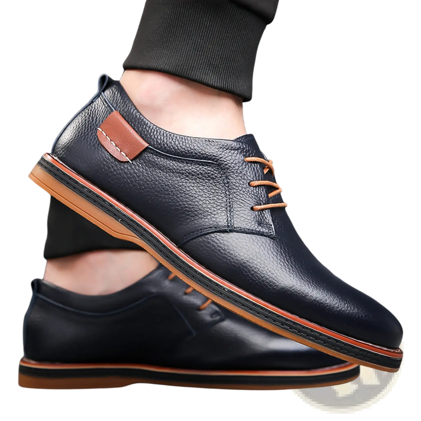Men’s handmade genuine black leather oxford shoes with tan laces and contrasting brown rubber sole