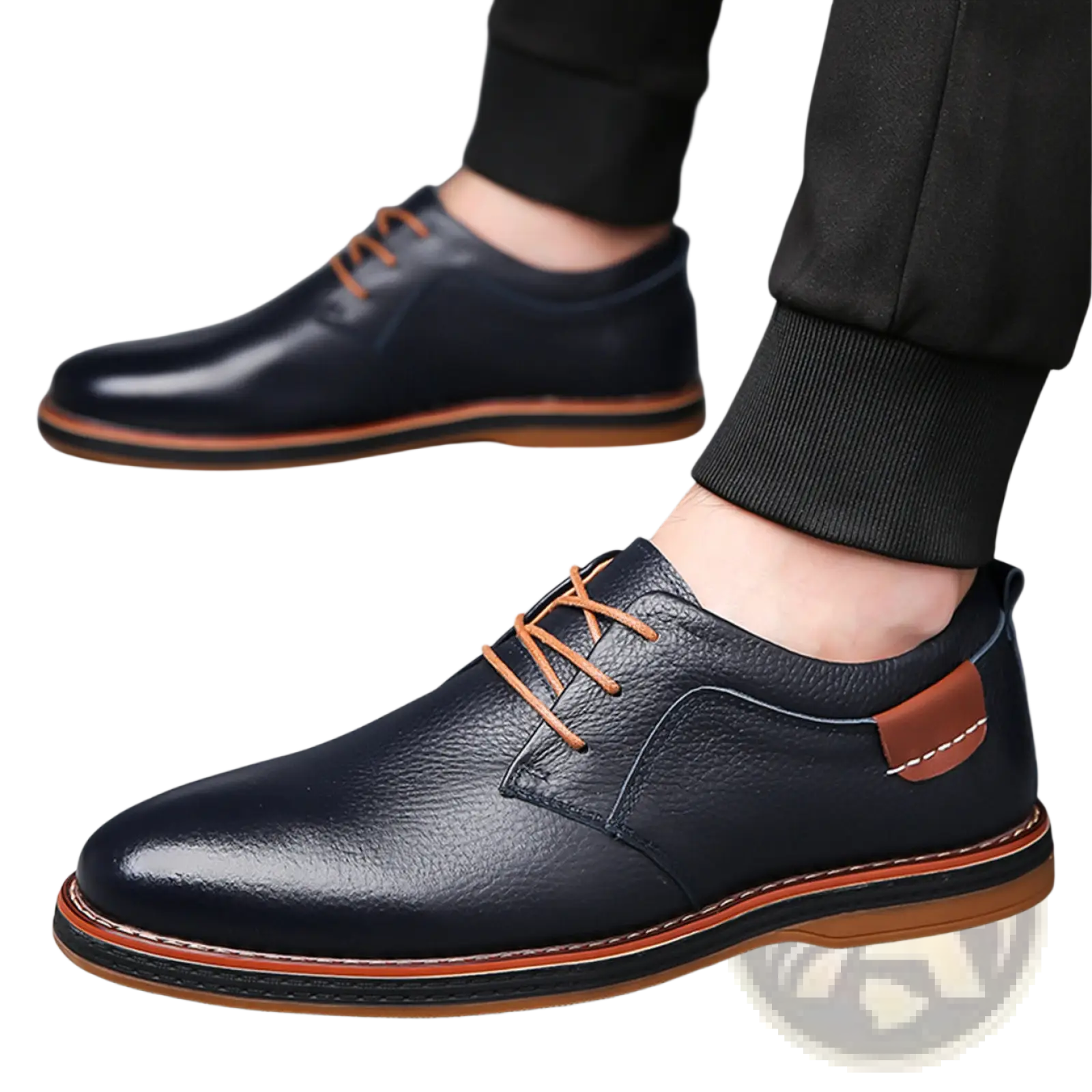 Men’s handmade genuine leather lace up oxford shoes in dark blue with tan laces and contrasting brown sole