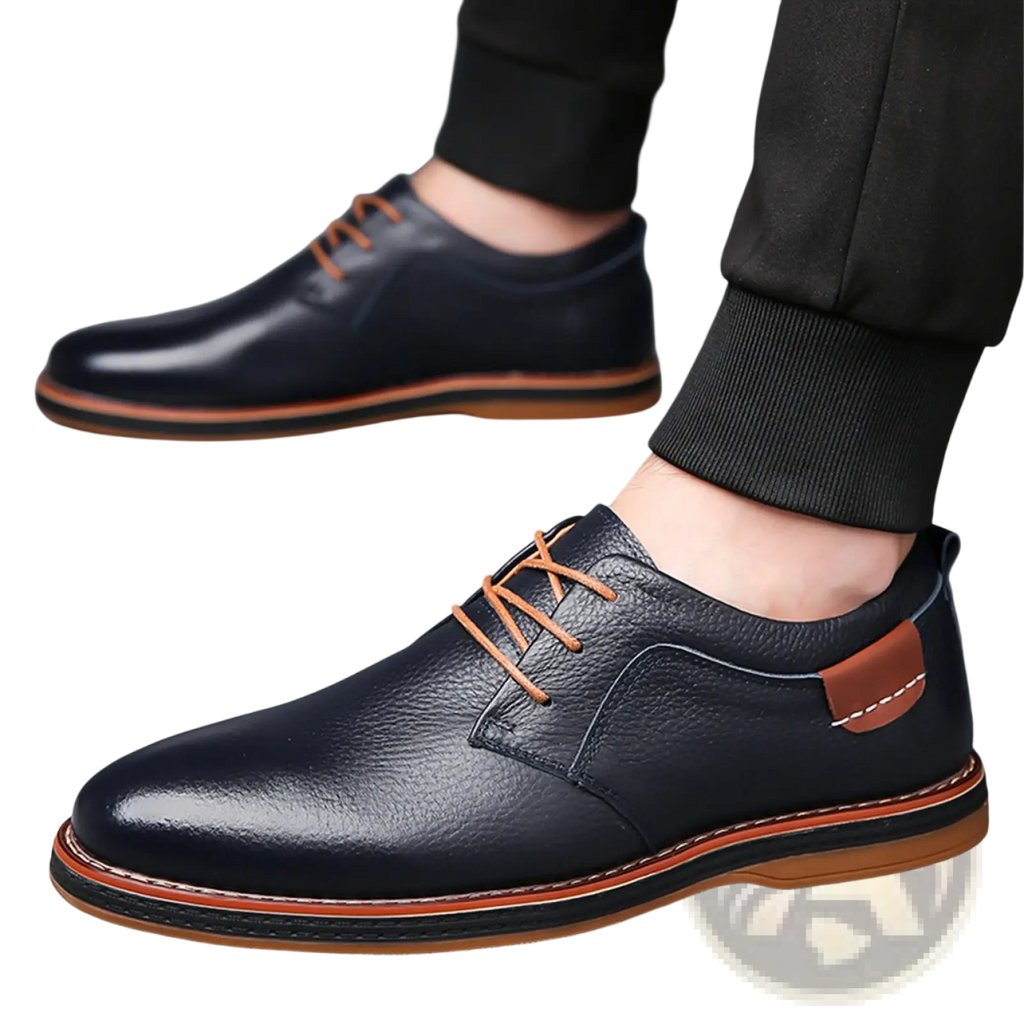 Men’s handmade genuine leather lace up oxford shoes in dark blue with tan laces and contrasting brown sole