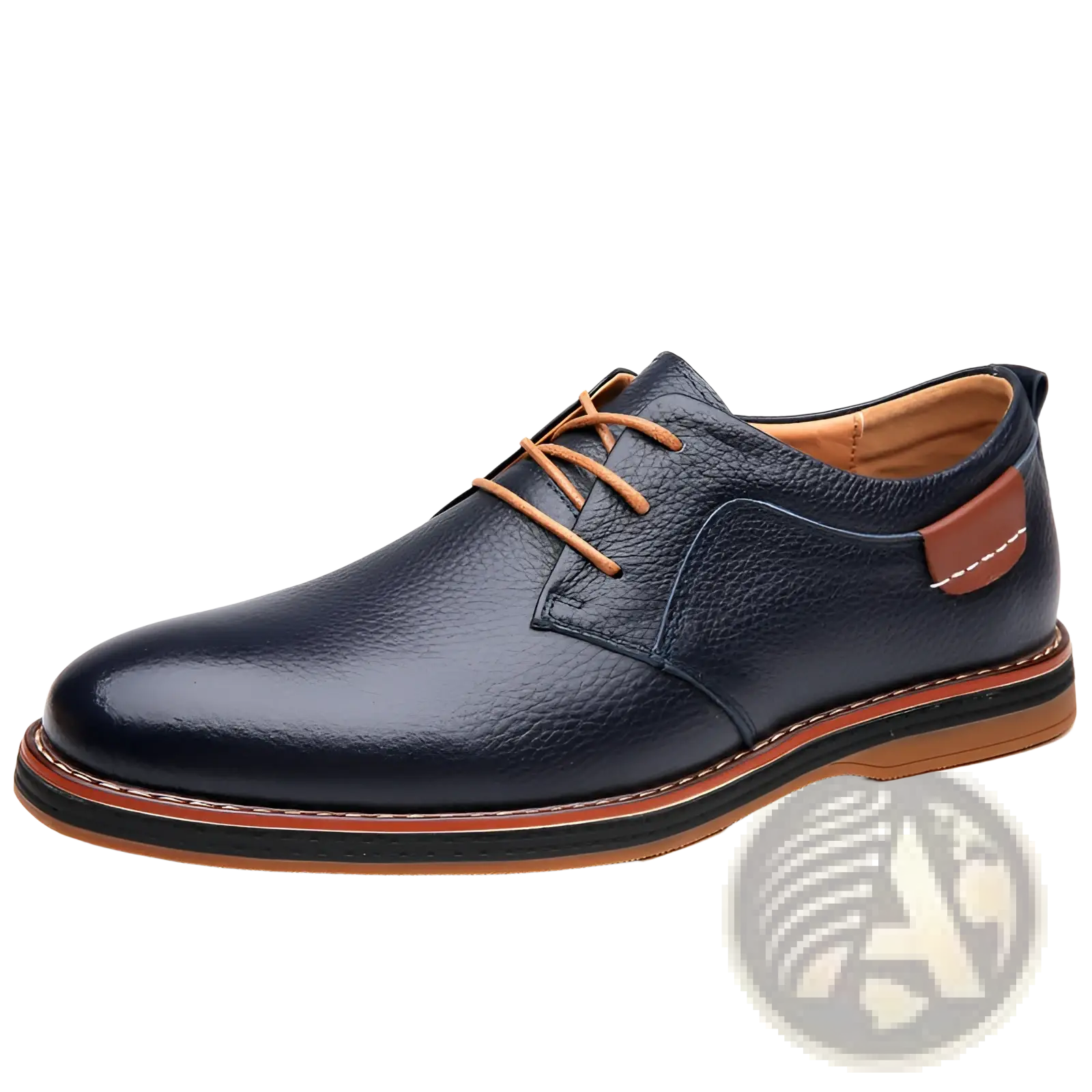 Men’s handmade genuine leather dark blue lace up oxford shoe with tan laces and brown heel tab shown from back side