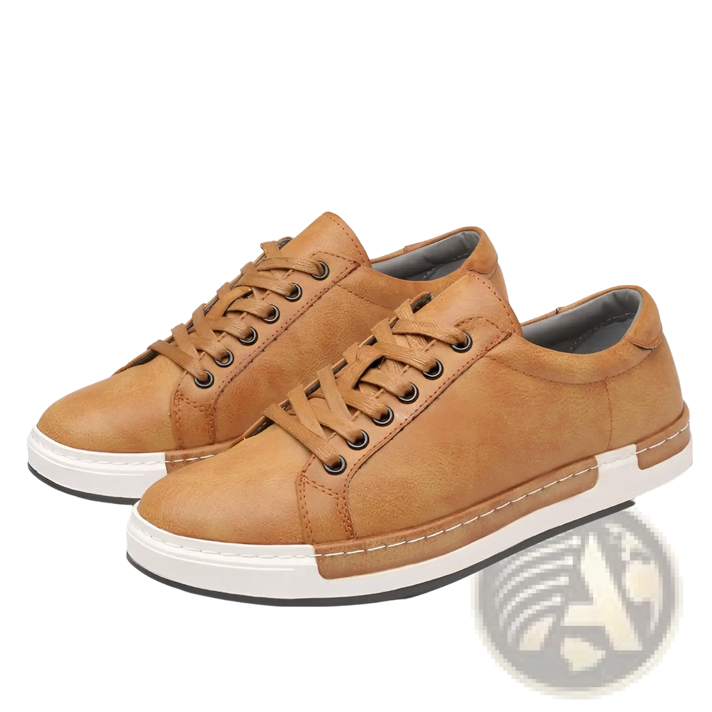Men’s handmade leather low top sneakers in tan suede with white and black rubber soles and stitched detailing
