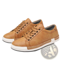 Men’s handmade leather low top sneakers in tan suede with white and black rubber soles and stitched detailing