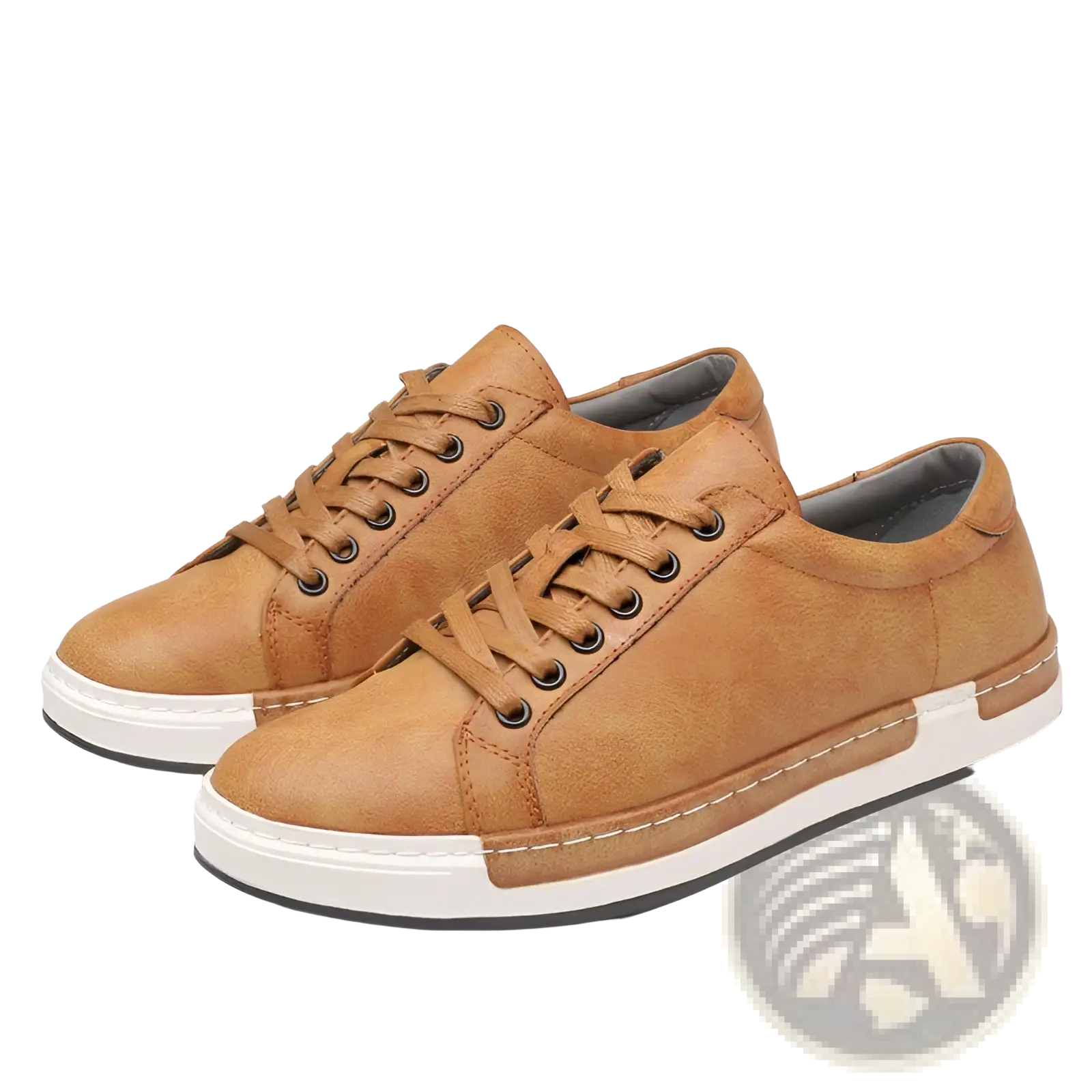 Men’s handmade leather low top sneakers in tan suede with white and black rubber soles and stitched detailing