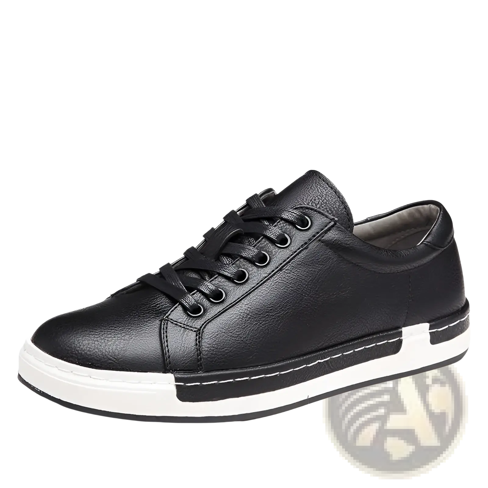 Men’s handmade leather low top sneaker in black with white rubber sole and contrasting stitching for casual wear