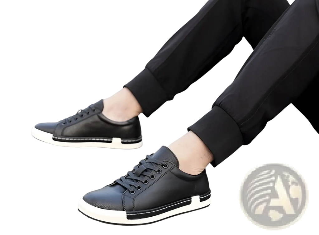 Men’s handmade black leather low top sneakers with white rubber soles and black laces for casual wear