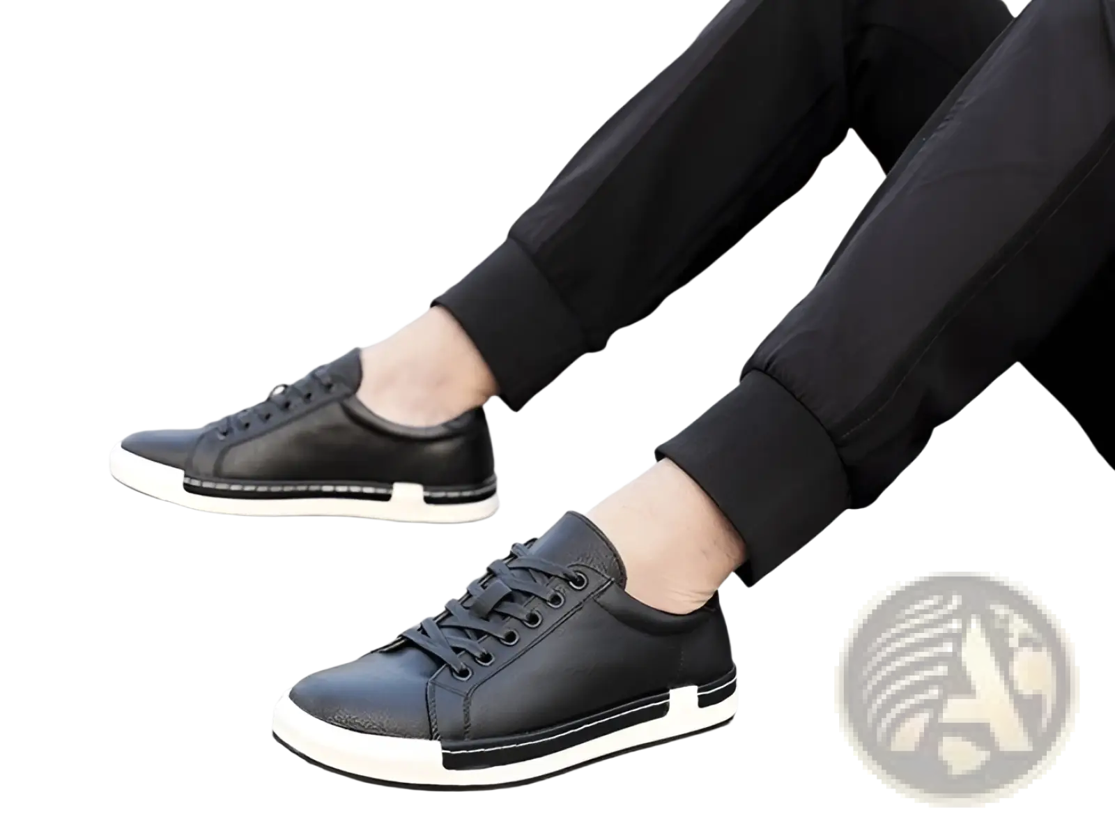 Men’s handmade black leather low top sneakers with white rubber soles and black laces for casual wear