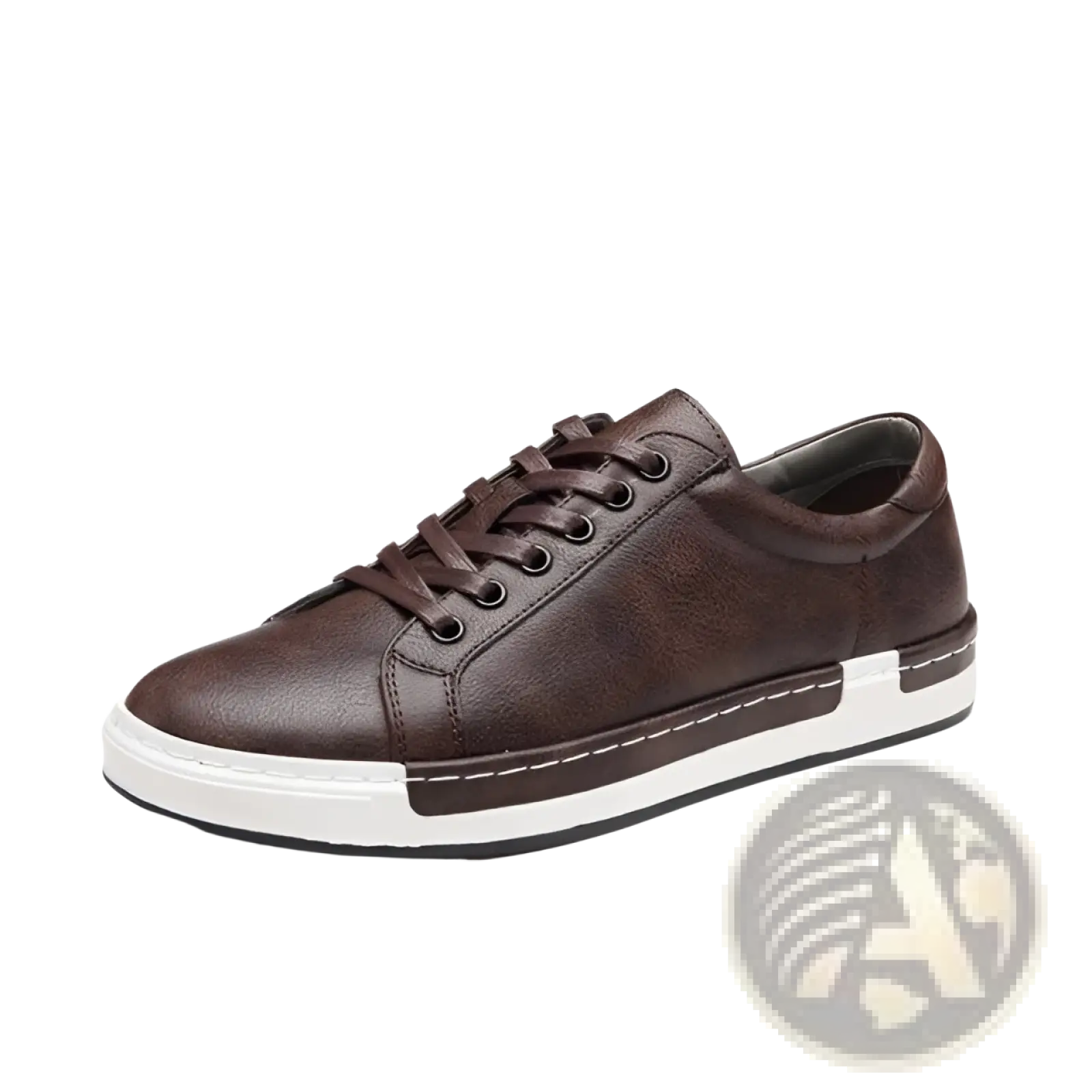 Men’s handmade leather low top sneaker in brown with white rubber sole and contrasting stitching for casual wear