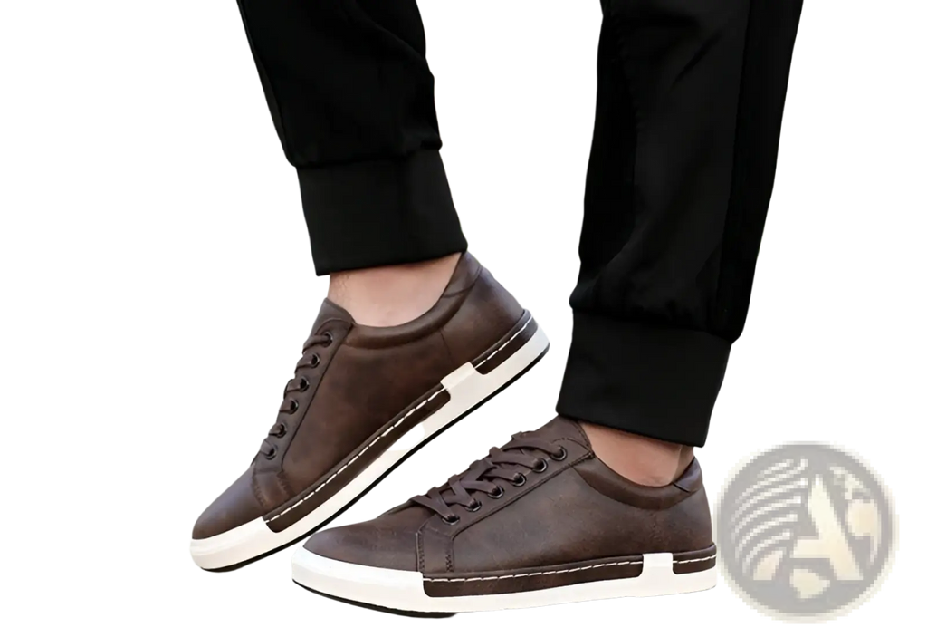 Men’s handmade leather low top sneakers in brown suede with white rubber soles and contrasting stitching for casual wear