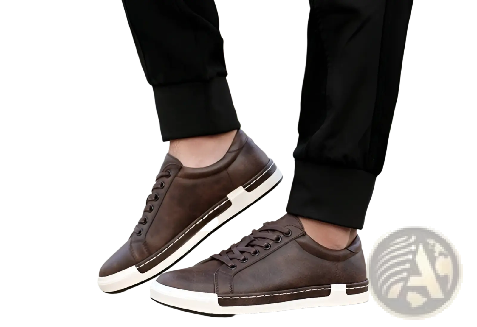 Men’s handmade leather low top sneakers in brown suede with white rubber soles and contrasting stitching for casual wear