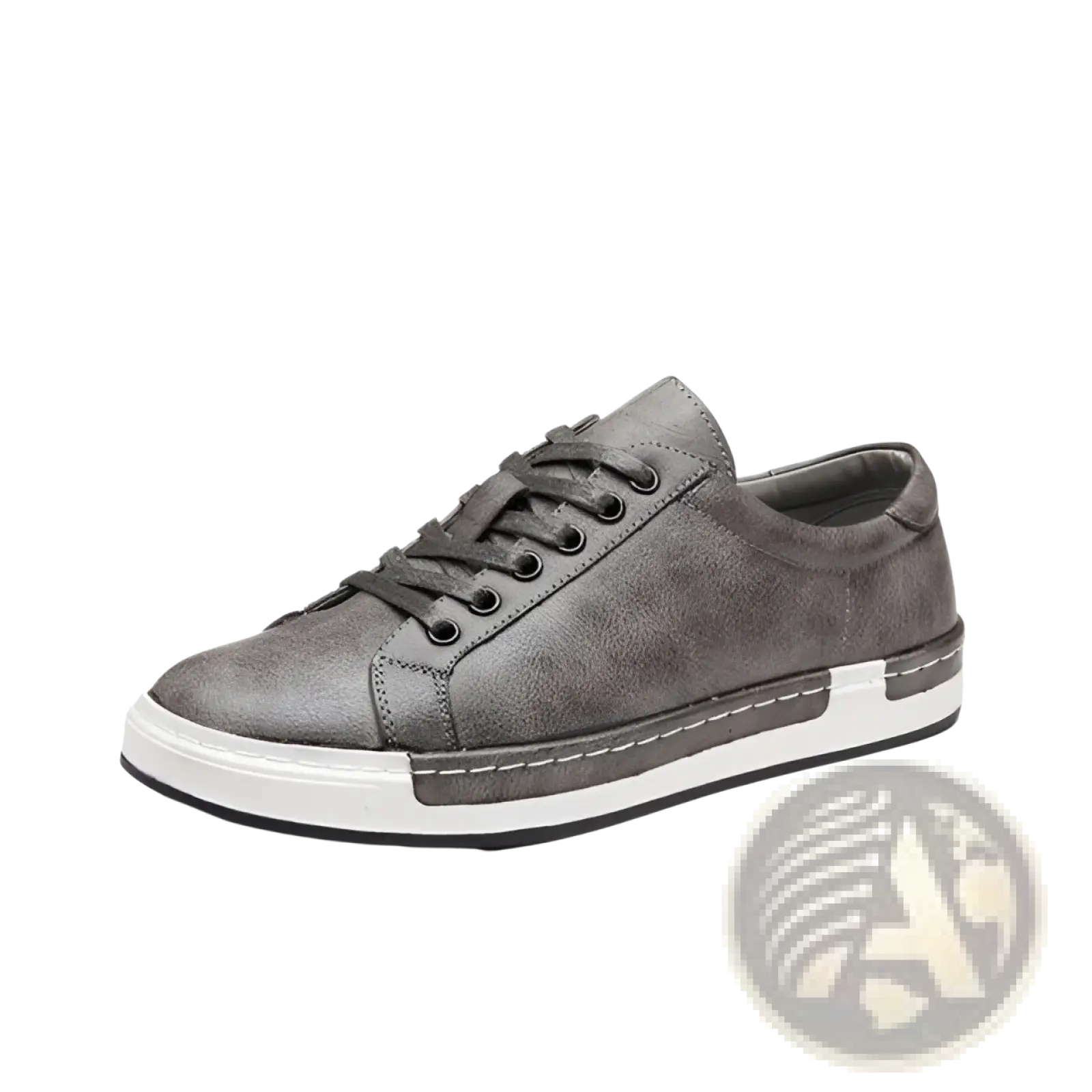 Men’s handmade leather low top sneaker in gray suede with white rubber sole and black laces for casual wear