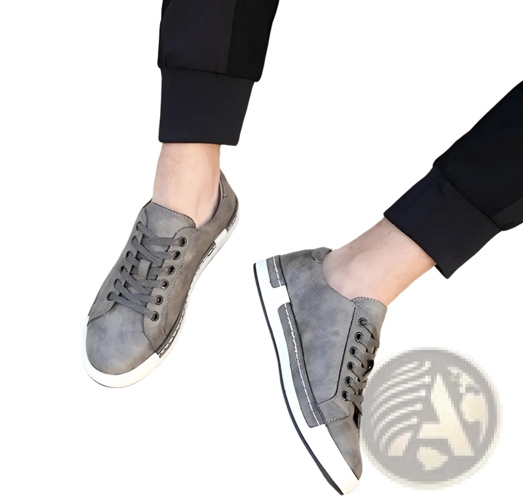 Men’s handmade gray suede leather low top sneakers with white rubber soles and black laces for casual wear