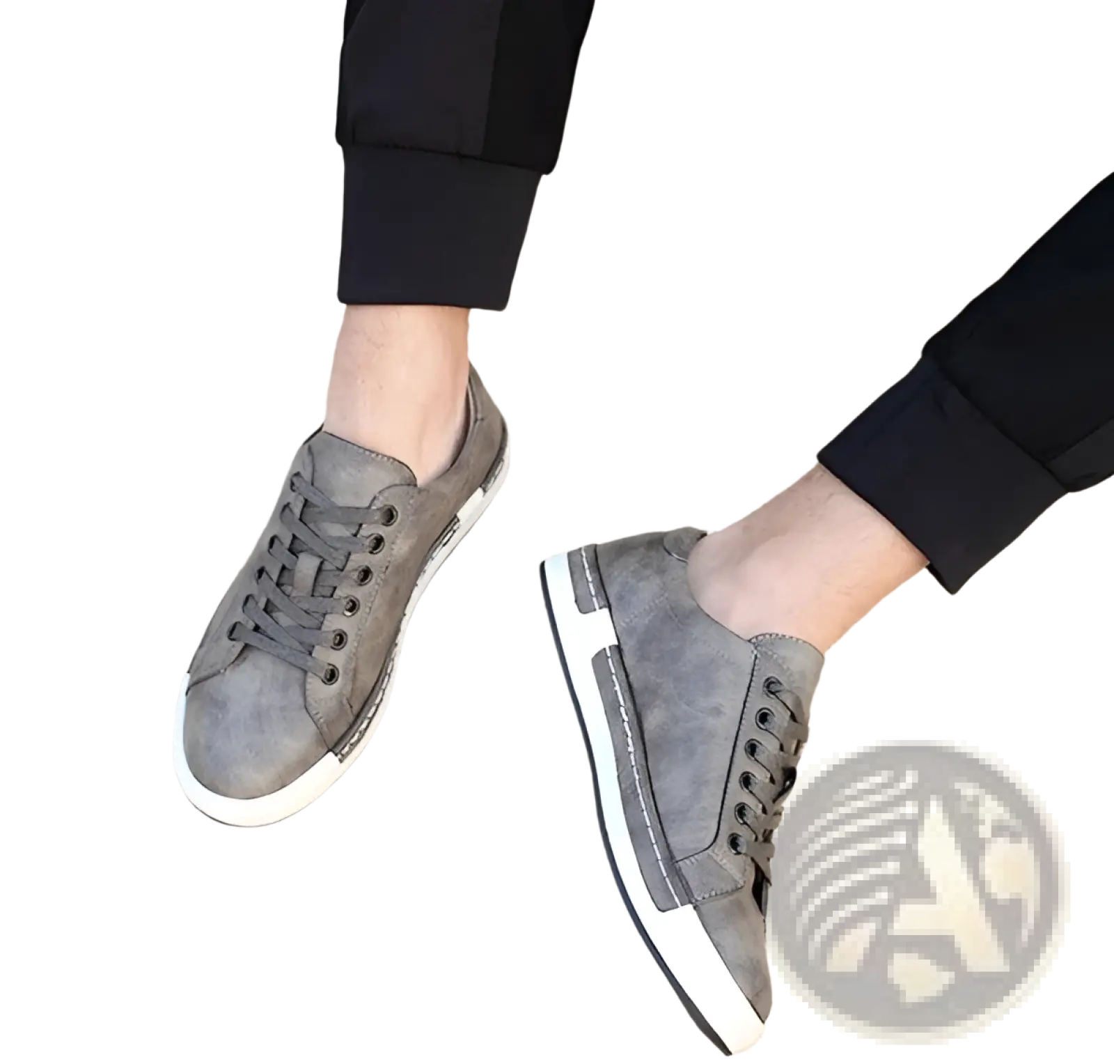 Men’s handmade gray suede leather low top sneakers with white rubber soles and black laces for casual wear