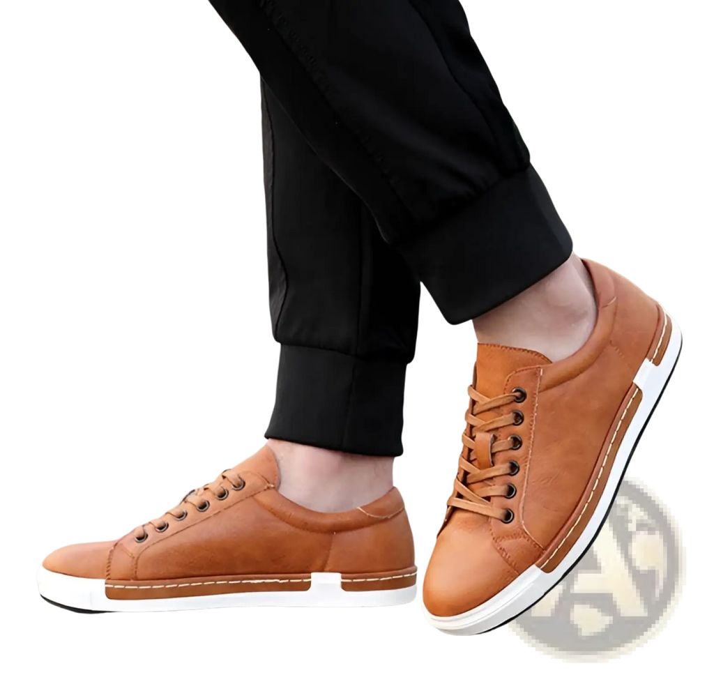 Men’s handmade tan suede leather low top sneakers with white rubber soles and black laces for casual wear