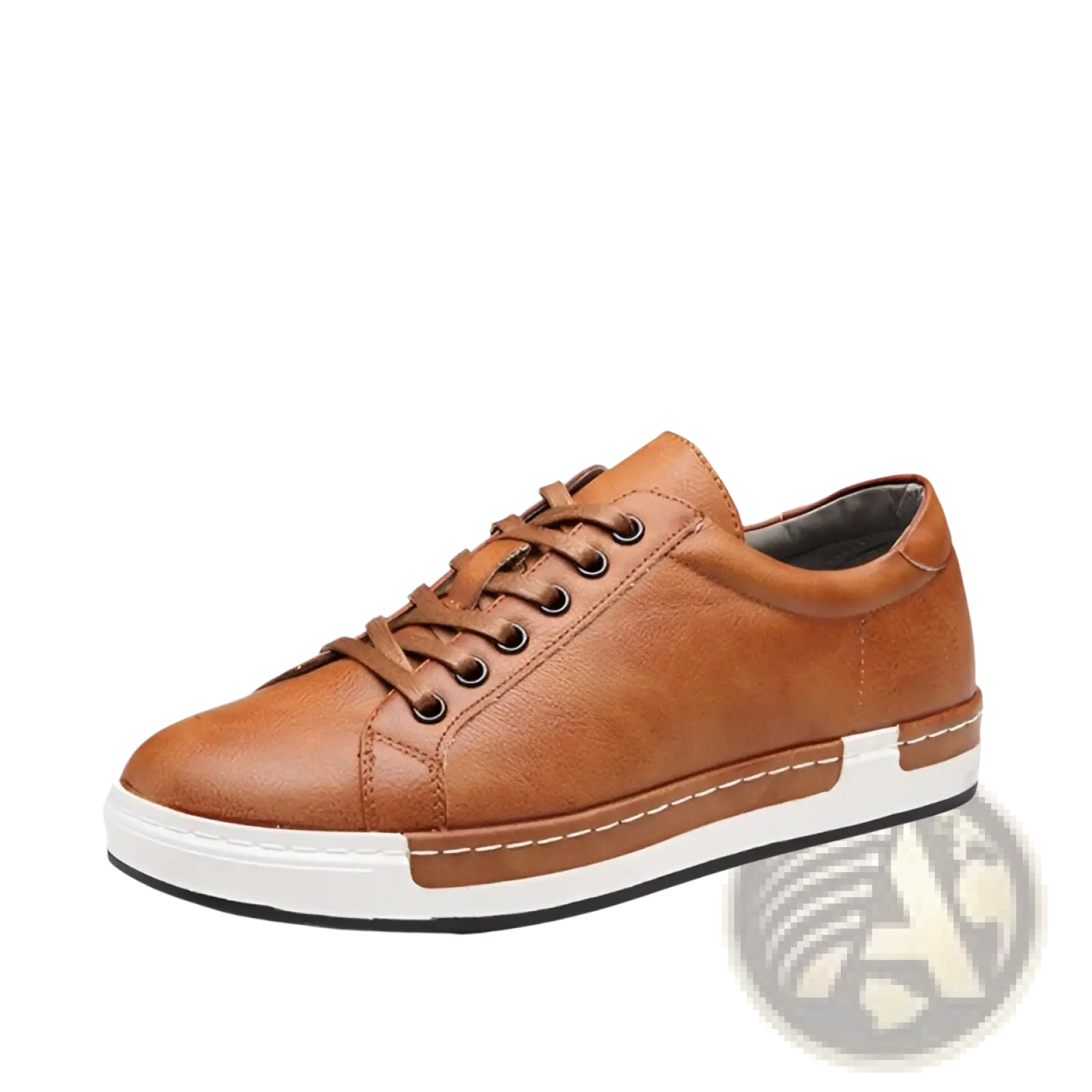 Men’s handmade leather low top sneaker in brown with white rubber sole and contrasting stitching for casual wear