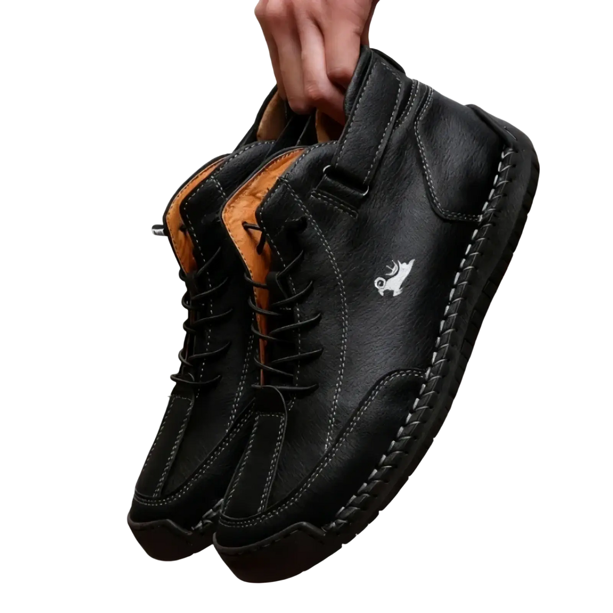 Men’s handmade black leather high-top zero drop walking boots with tan lining and white embroidered logo on the side