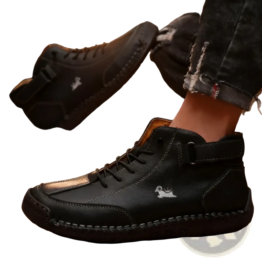 Men’s handmade black leather high-top walking boots with white embroidered logo and visible stitching details