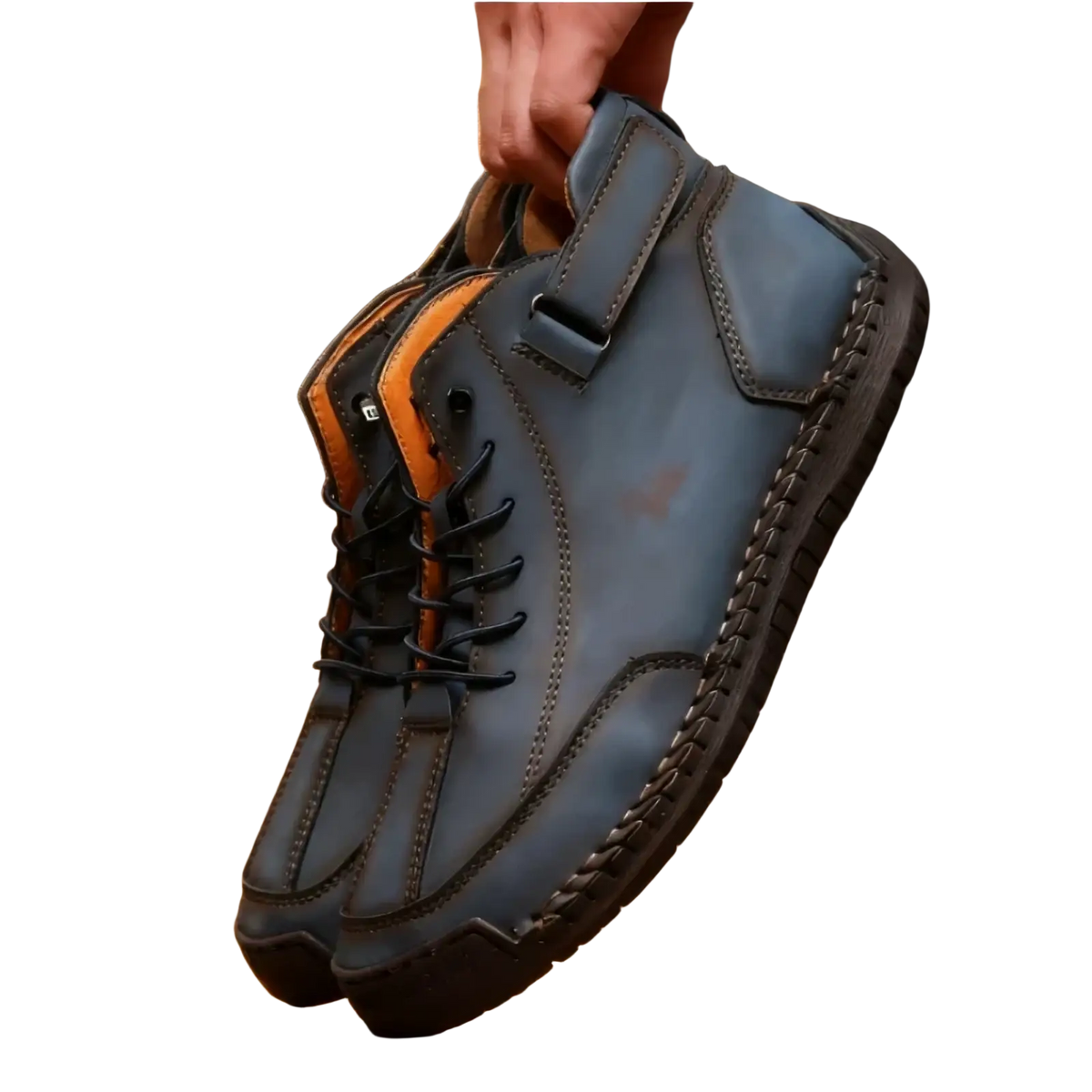 Men’s handmade blue leather high-top zero drop walking boots with black laces and braided rubber sole