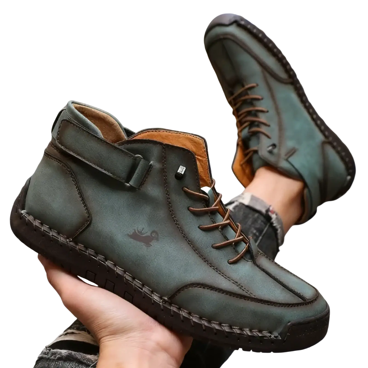 Men’s handmade leather zero drop walking boots in dark green suede with brown laces and black rubber sole