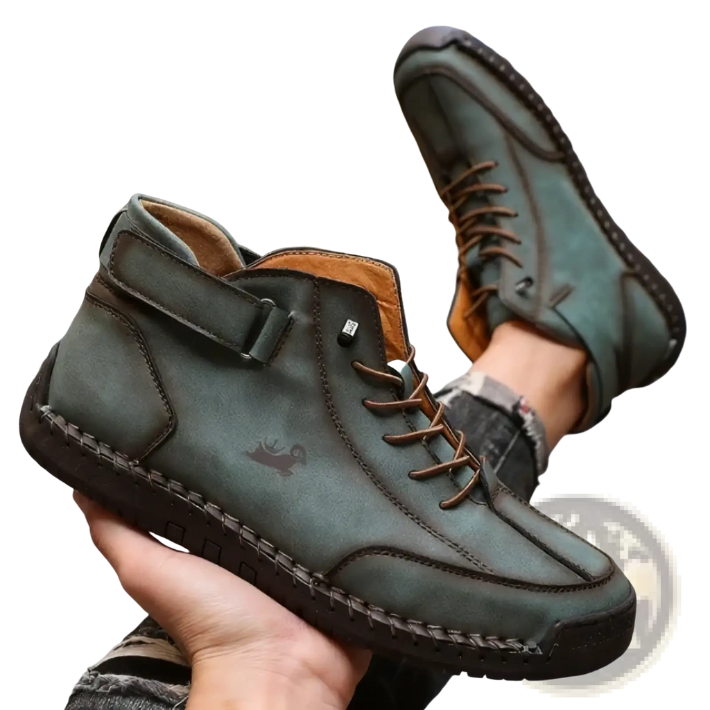 Men’s handmade leather zero drop walking boots in dark green suede with brown laces and black rubber sole