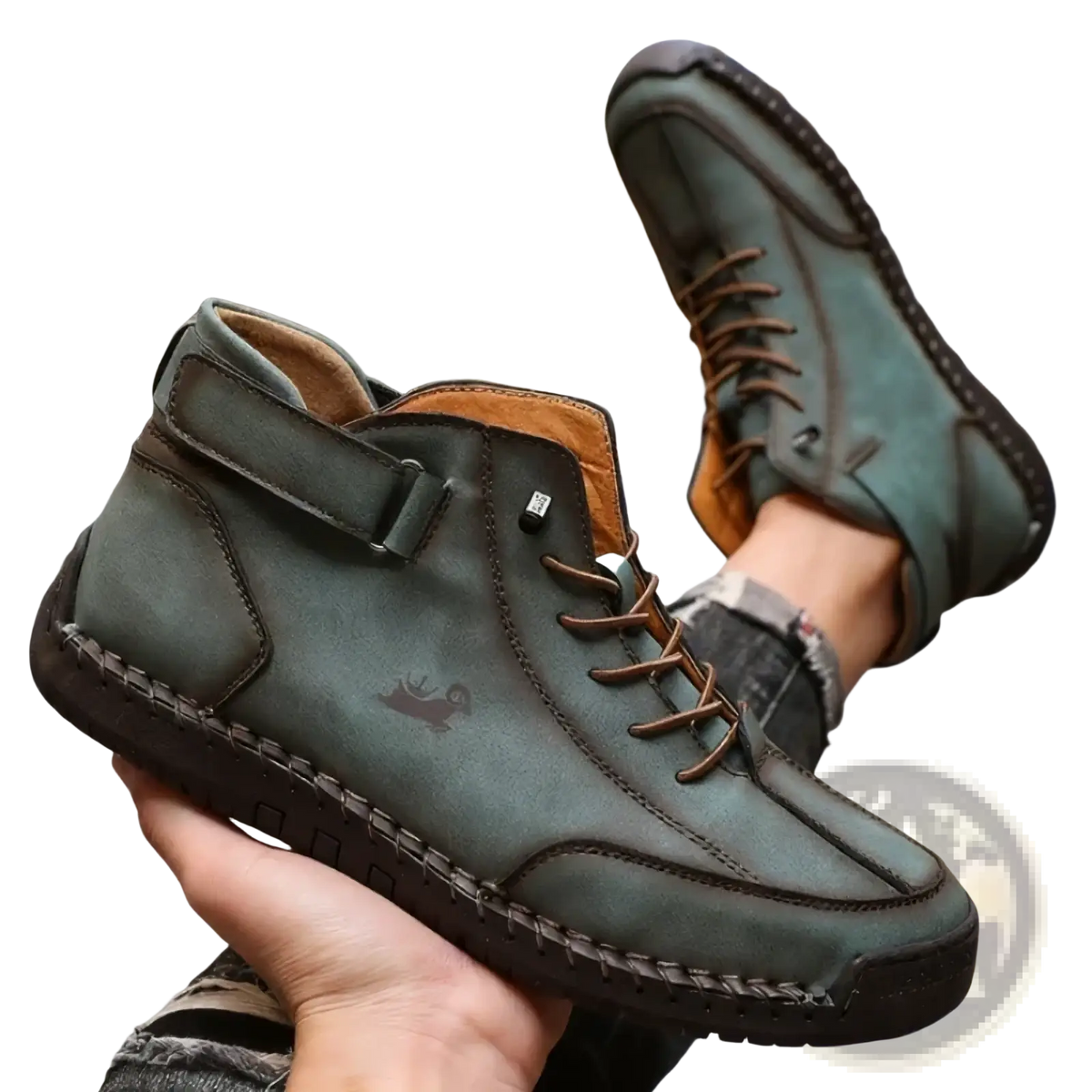 Men’s handmade leather zero drop walking boots in dark green suede with brown laces and black rubber sole