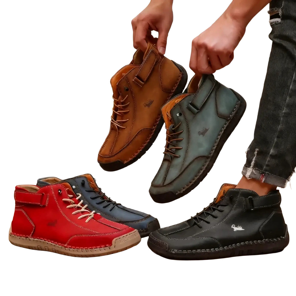 A pair of men’s handmade brown leather zero drop high-top walking boots with tan laces and stitched toe cap held up
