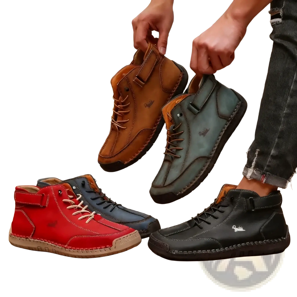 A pair of men’s handmade brown leather zero drop high-top walking boots with tan laces and stitched toe cap held up