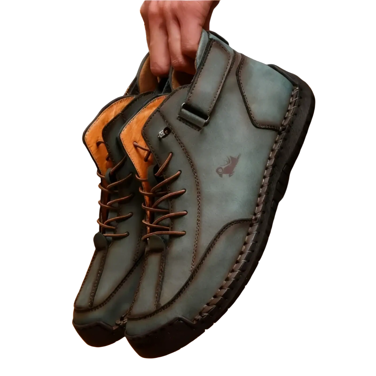 Men’s handmade leather zero drop walking boots in teal suede with brown laces and stitched leather sole