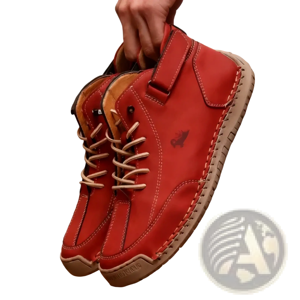 Men’s handmade leather zero drop walking boots in red with tan laces and stitching featuring a side logo
