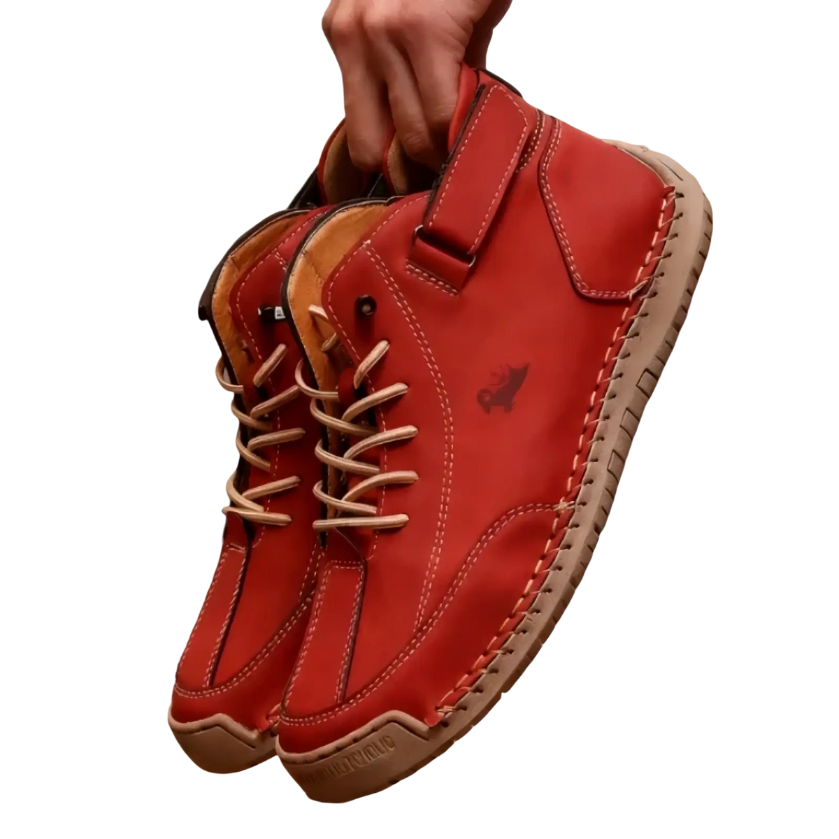 Men’s handmade leather zero drop walking boots in red with tan laces and stitching featuring a side logo