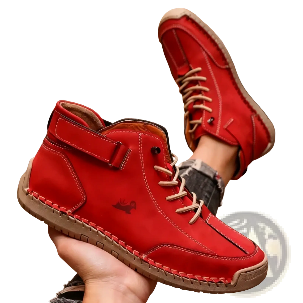 Men’s handmade leather zero drop walking boots in red suede with beige laces and stitched sole featuring black logo