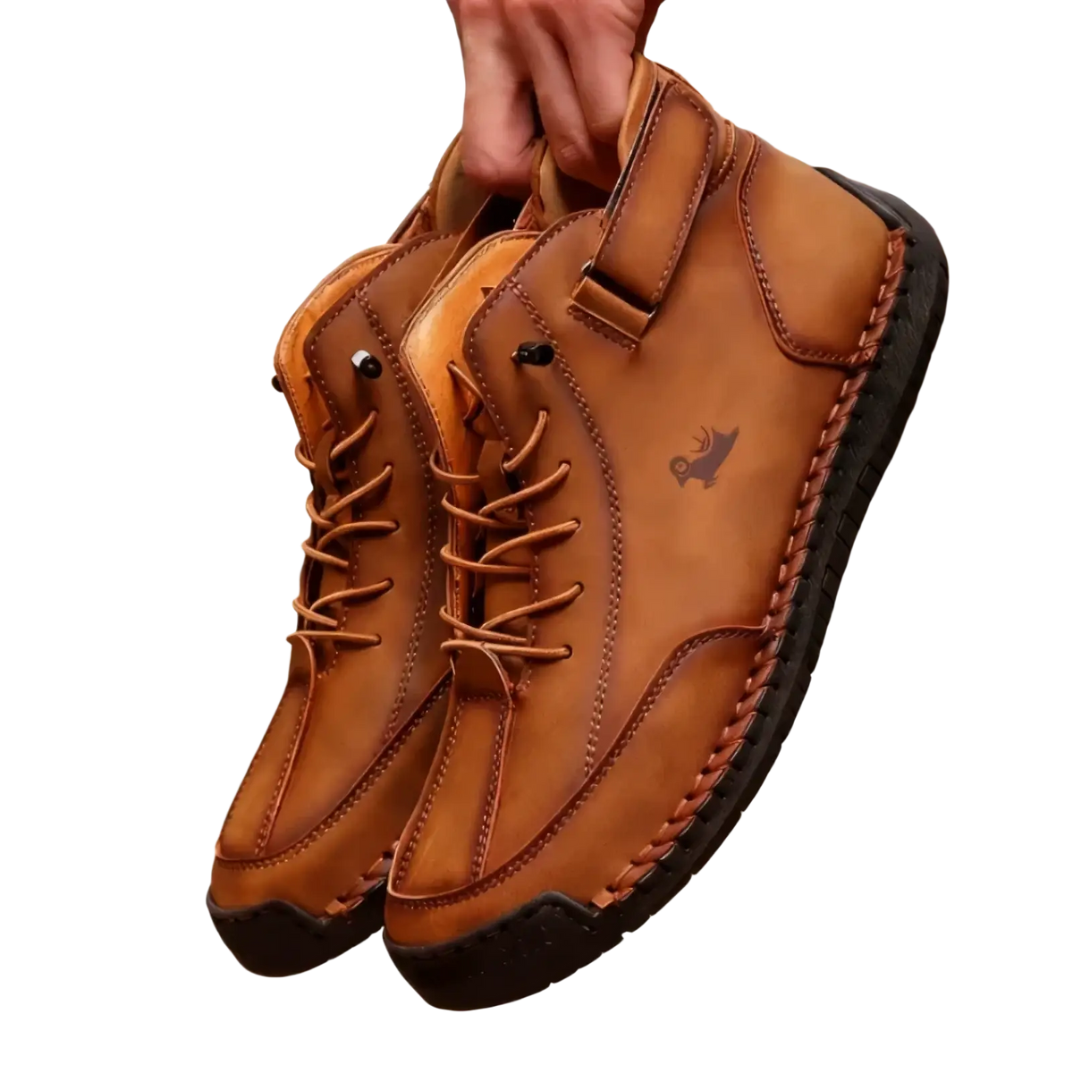 Men’s handmade tan leather high-top zero drop walking boots with brown laces and stitched black rubber sole