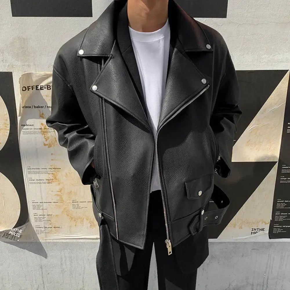 Men’s slim fit oblique zipper black faux leather moto jacket with silver zippers and snap buttons