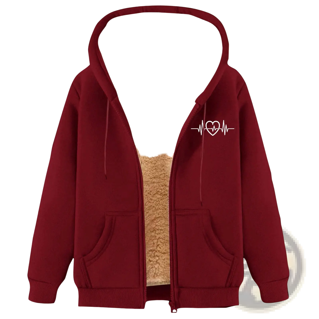 Men’s maroon heartbeat sherpa lined zip up winter fleece hoodie with plush beige lining and white heart graphic