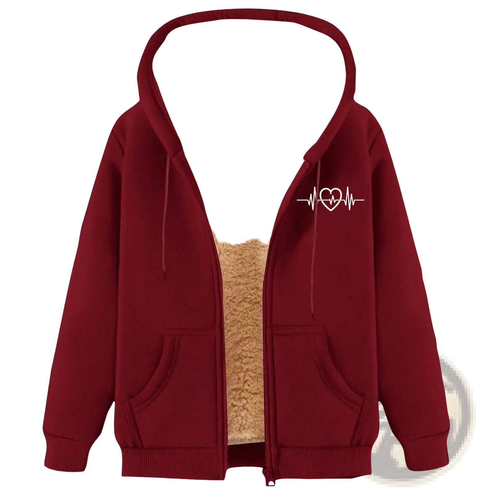Men’s maroon heartbeat sherpa lined zip up winter fleece hoodie with plush beige lining and white heart graphic