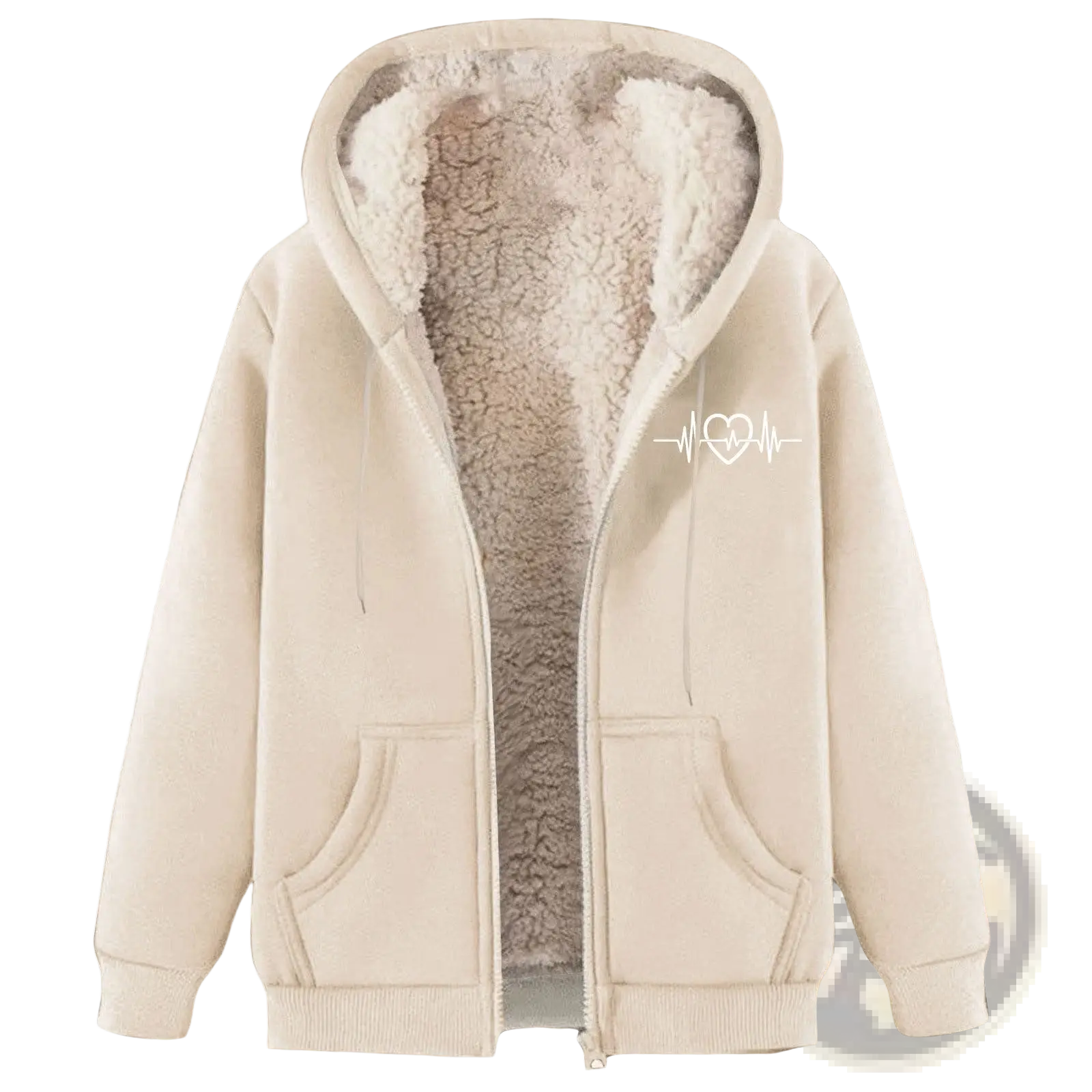 Men’s cream-colored sherpa lined zip-up winter fleece hoodie with plush interior and white heart-shaped heartbeat graphic on chest