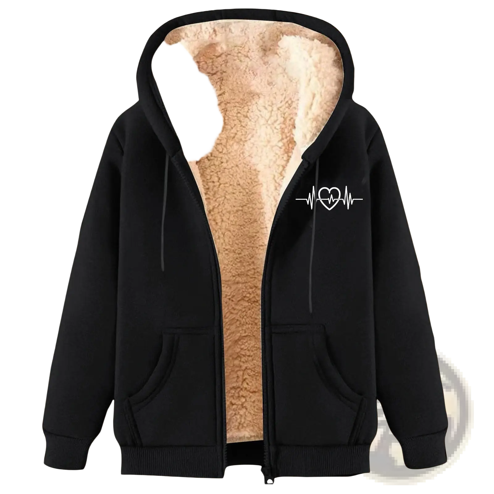 Men’s black zip-up winter fleece hoodie with plush beige sherpa lining and white heartbeat heart graphic on chest