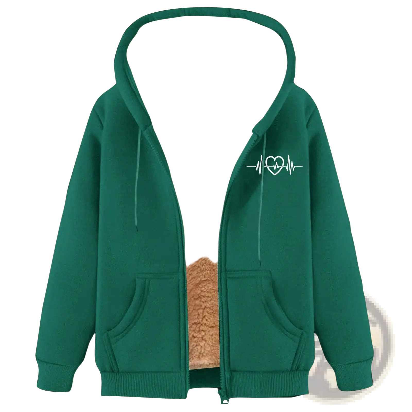 Men’s green zip up winter fleece hoodie with plush beige sherpa lining and white heart shaped heartbeat graphic on chest