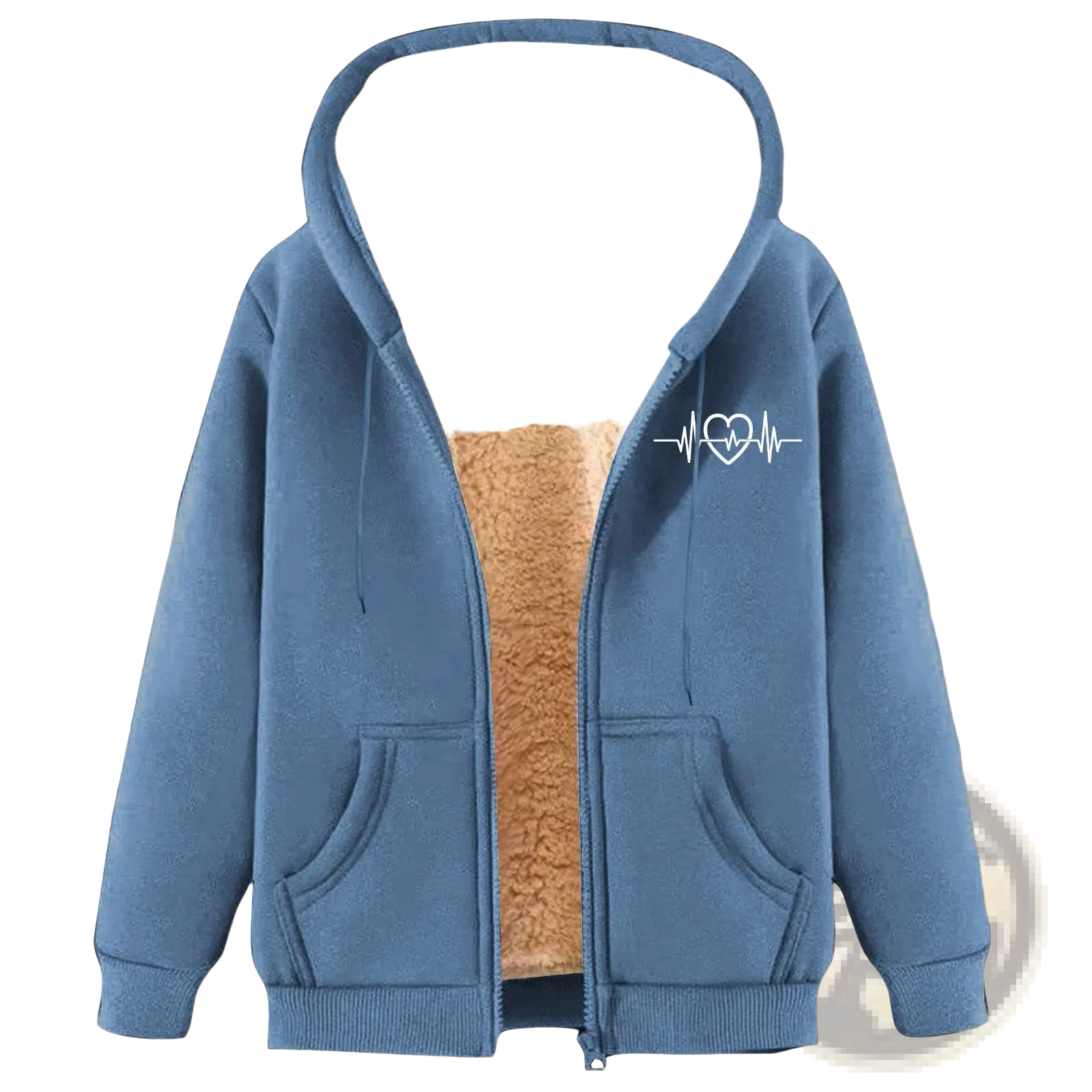 Men’s blue zip-up winter fleece hoodie with plush beige sherpa lining and white heart-shaped heartbeat embroidery