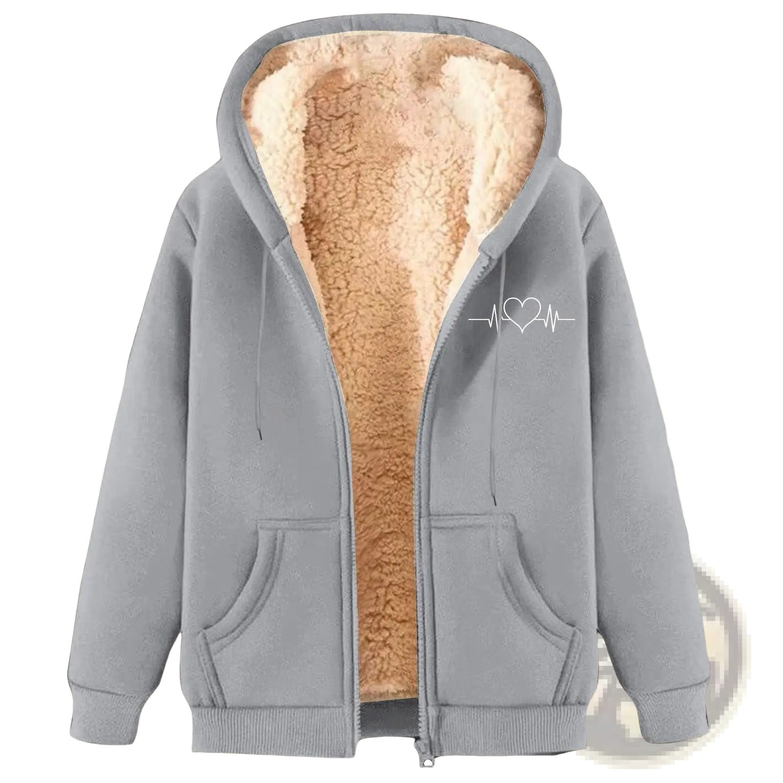 Men’s gray zip-up fleece hoodie with plush beige sherpa lining and white heart-shaped heartbeat design on chest