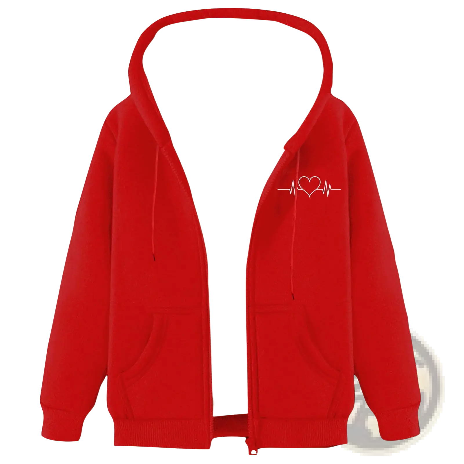 Men’s red zip-up winter fleece hoodie with white heart-shaped heartbeat design and plush beige sherpa lining